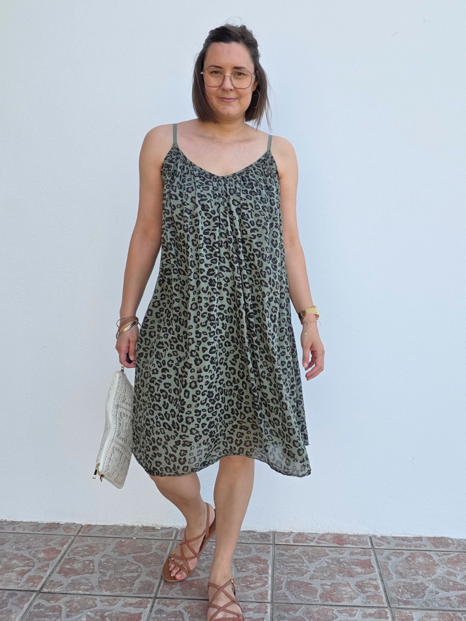Robe voile de coton léopard doublée à bretelles réglables