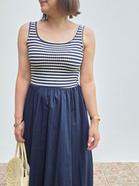 Robe longue marine jupe évasée en coton