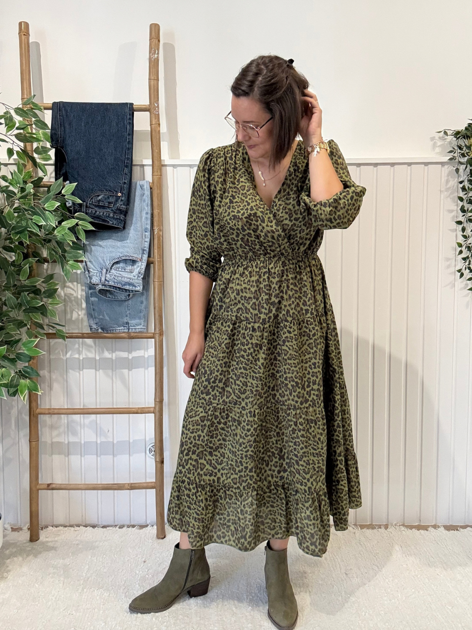 Robe longue léopard kaki femme manches longues