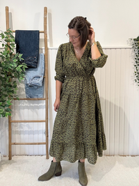 Robe longue léopard kaki femme manches longues