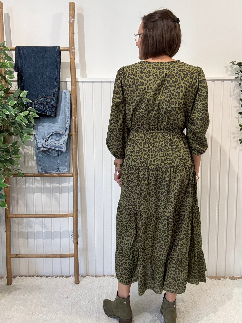 Robe longue léopard kaki femme manches longues