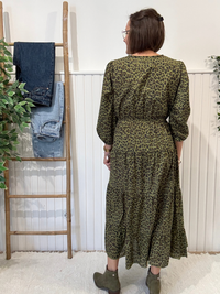 Robe longue léopard kaki femme manches longues