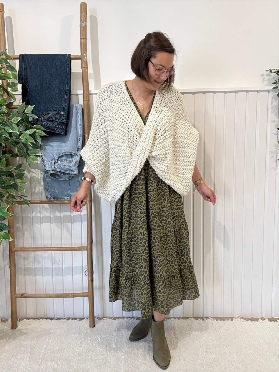 Robe longue léopard kaki femme manches longues