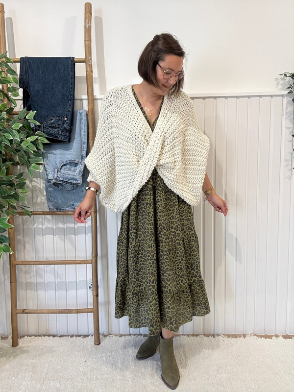 Robe longue léopard kaki femme manches longues