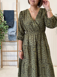 Robe longue léopard kaki femme manches longues