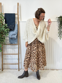 Robe longue léopard beige femme manches longues