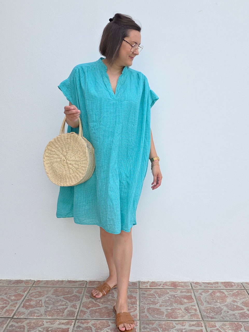 Robe courte rayée turquoise en coton léger