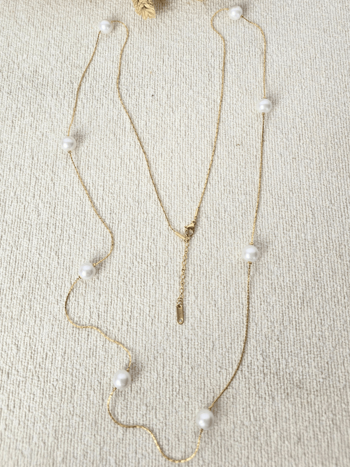 Collier sautoir perles blanches femme – Chaîne dorée élégante acier inoxydable