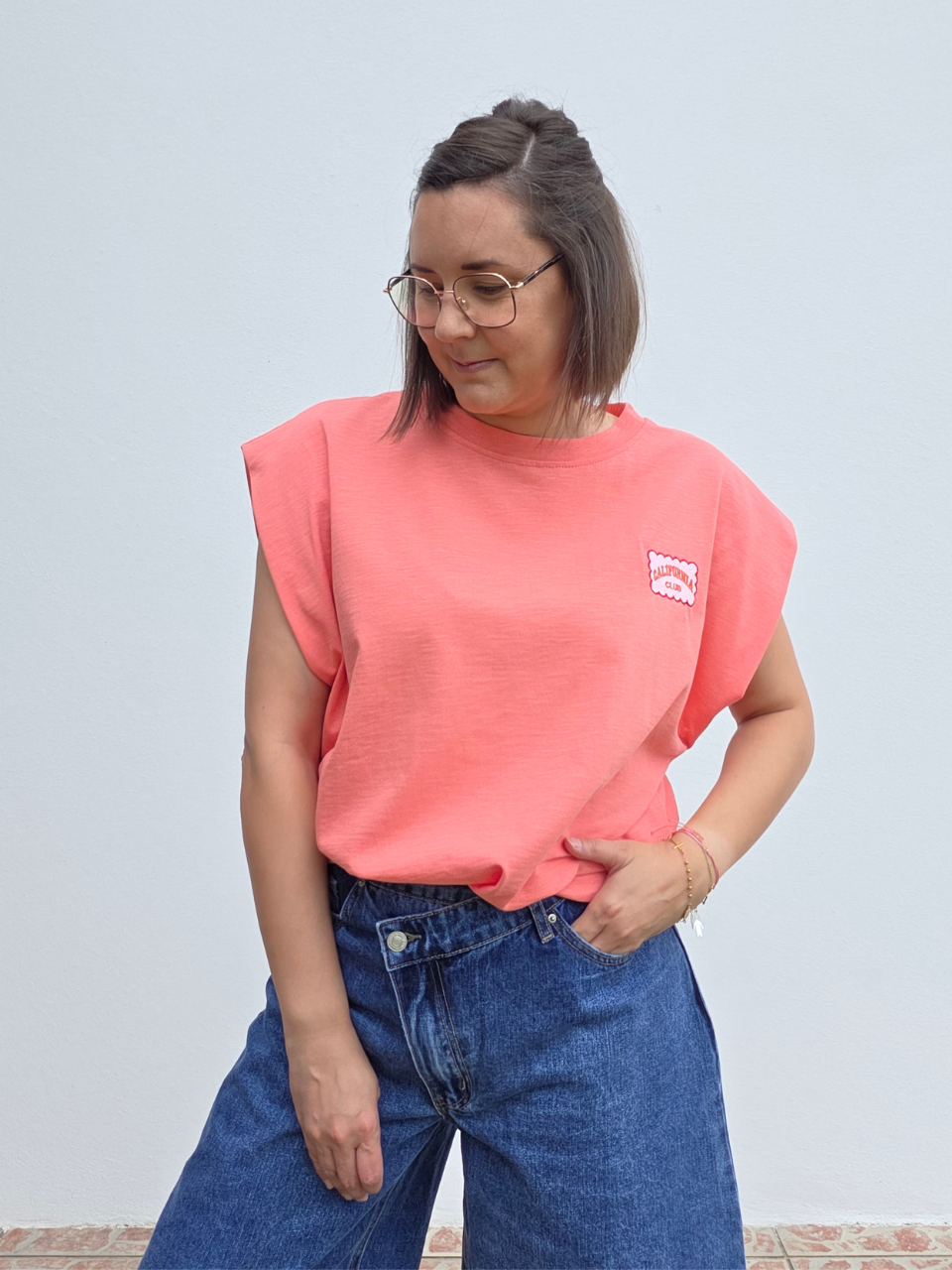Tee-shirt corail femme en coton avec écusson – Taille unique 36 à 42