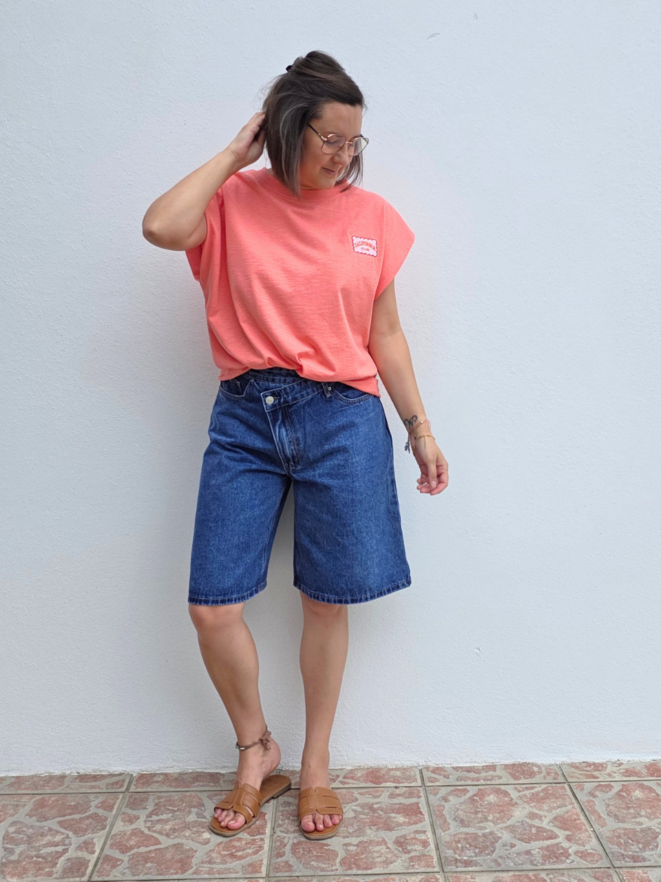 Tee-shirt corail femme en coton avec écusson – Taille unique 36 à 42