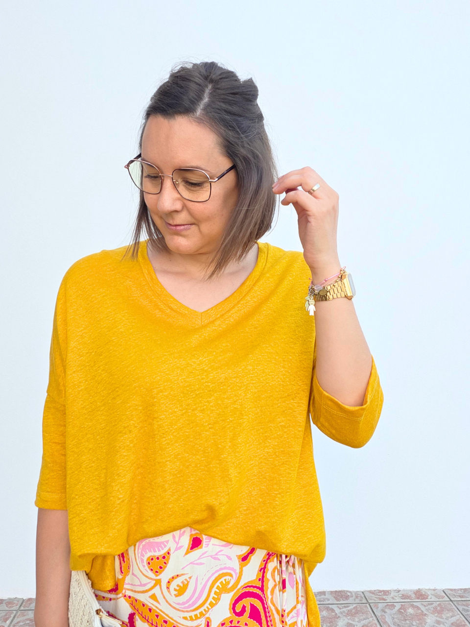 Tee-shirt manches 3/4 en lin jaune moutarde femme Love By MD