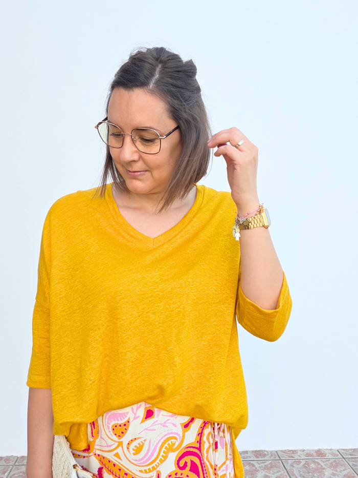 Tee-shirt manches 3/4 en lin jaune moutarde femme Love By MD