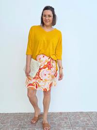 Tee-shirt manches 3/4 en lin jaune moutarde femme Love By MD