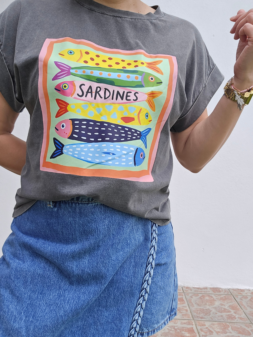 Tee shirt gris flocage sardine