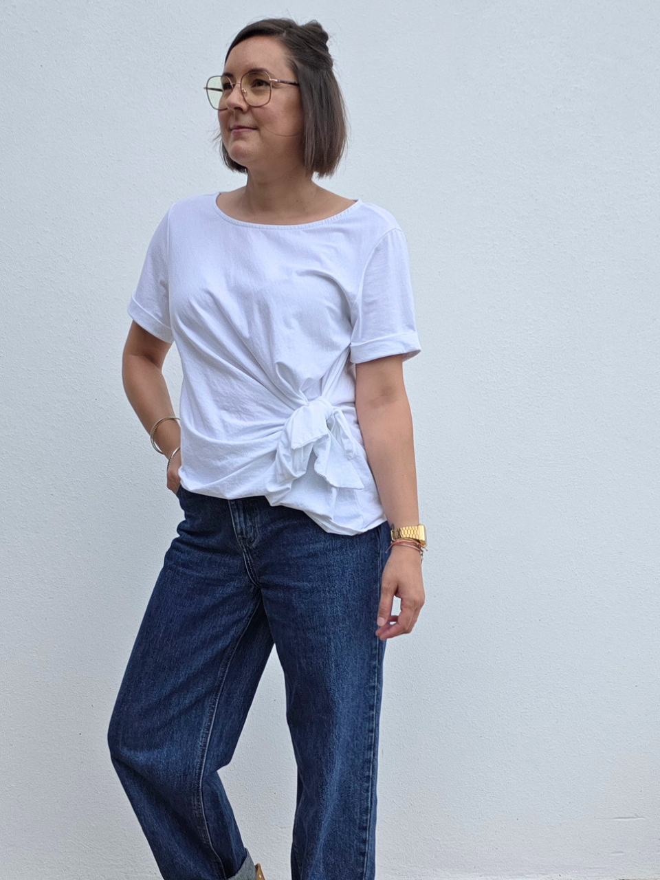 Tee-shirt nœud latéral – camel ou blanc