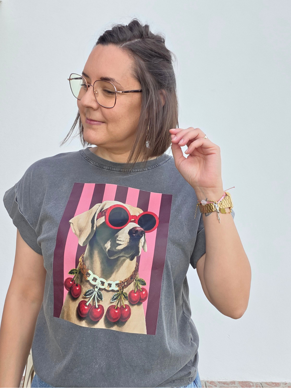 Tee shirt gris imprimé chien et cerise