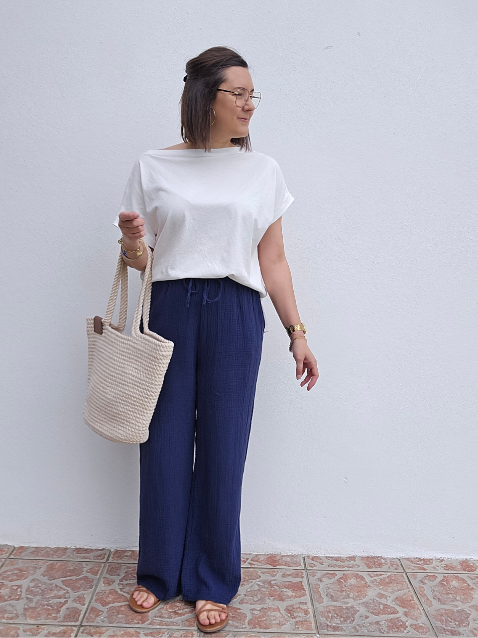 Tee-shirt col bateau en coton – Blanc & Vert olive