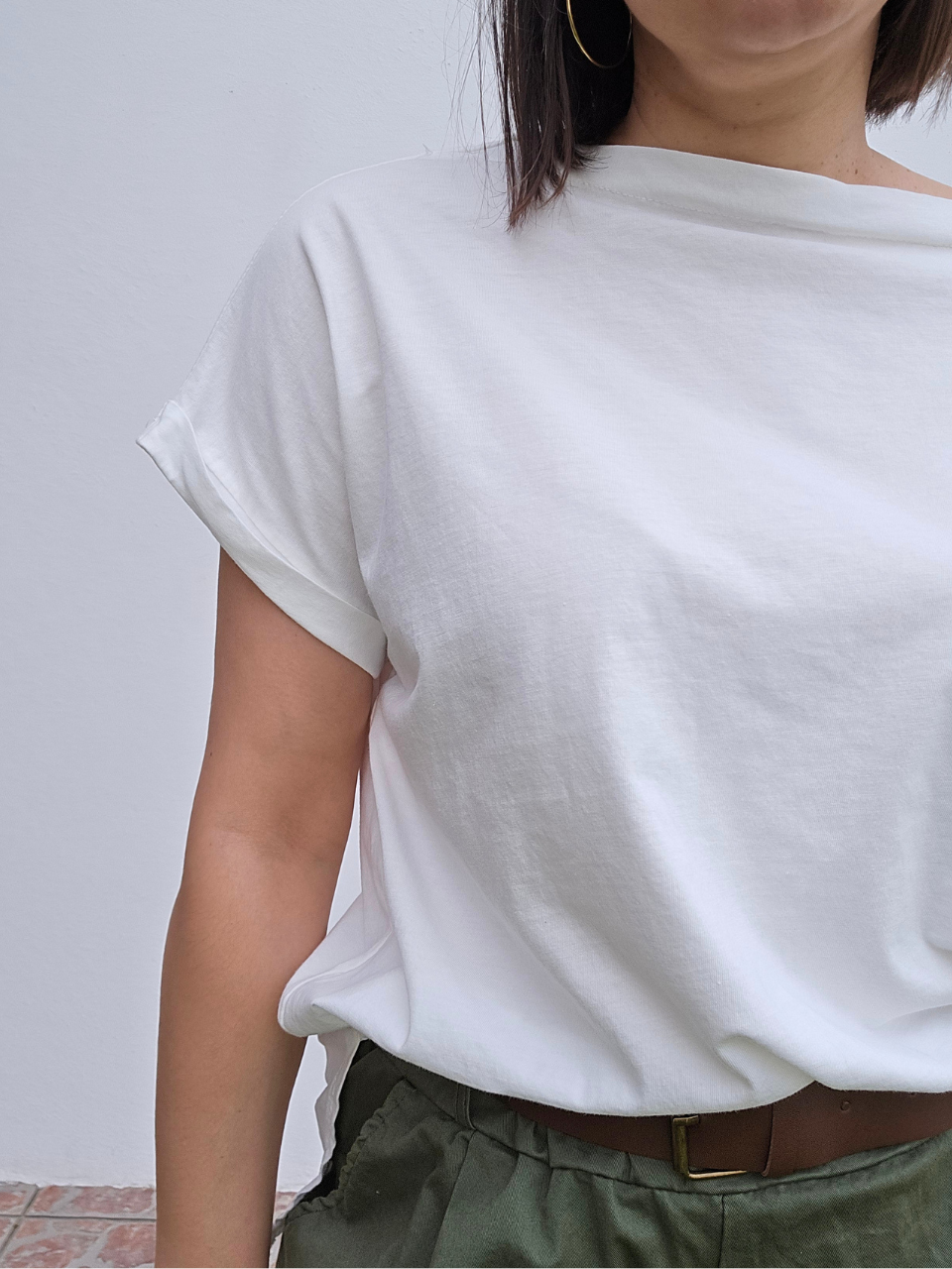 Tee-shirt col bateau en coton – Blanc & Vert olive