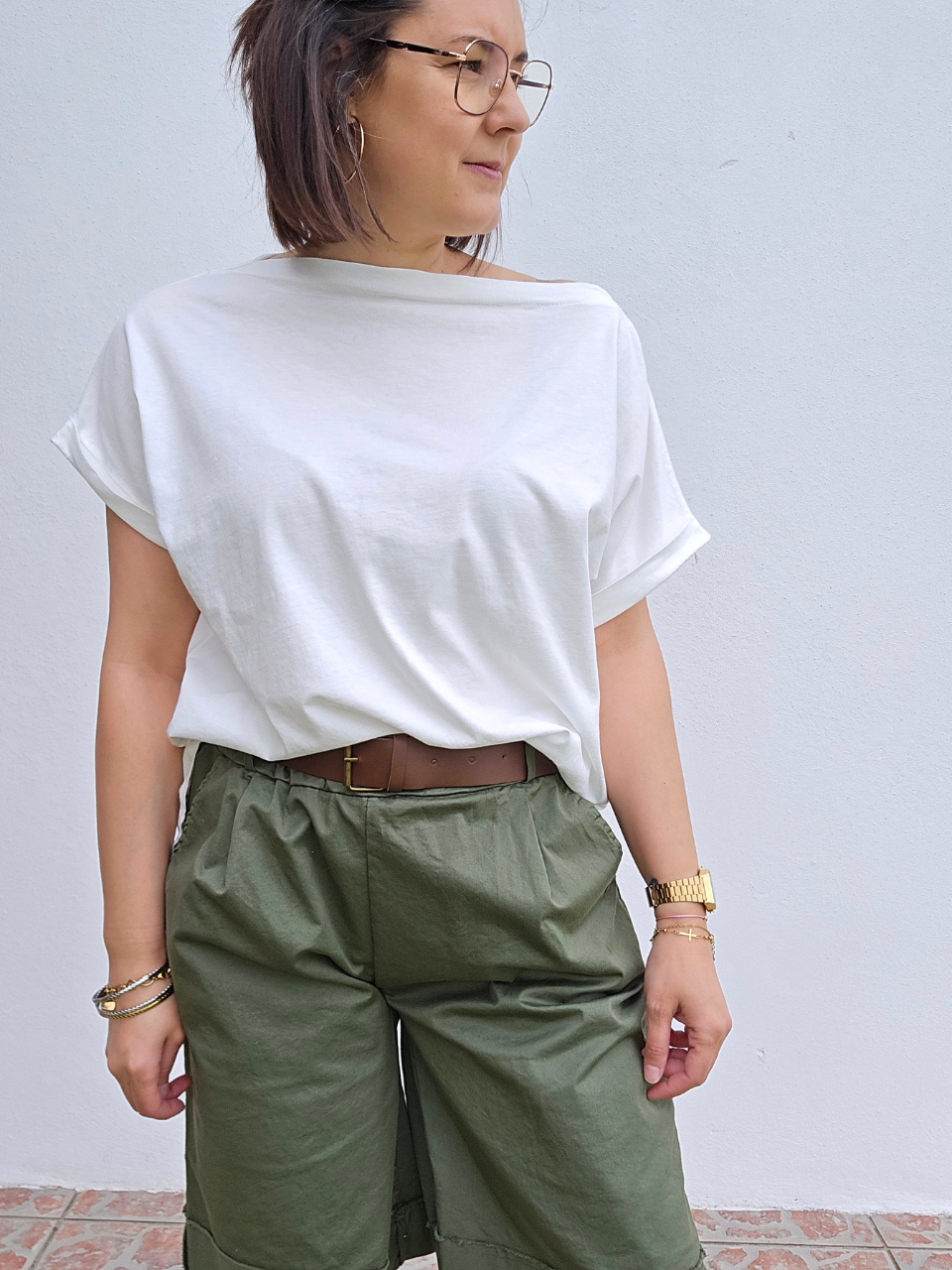 Tee-shirt col bateau en coton – Blanc & Vert olive
