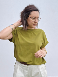 Tee-shirt col bateau en coton – Blanc & Vert olive