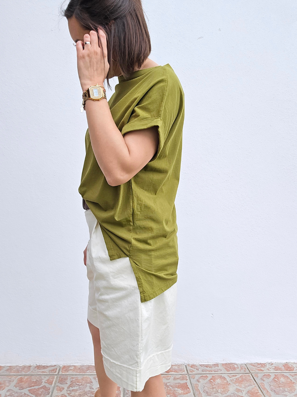 Tee-shirt col bateau en coton – Blanc & Vert olive