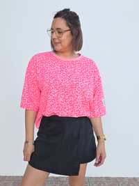 Tee-shirt léopard rose fluo oversize - Taille unique