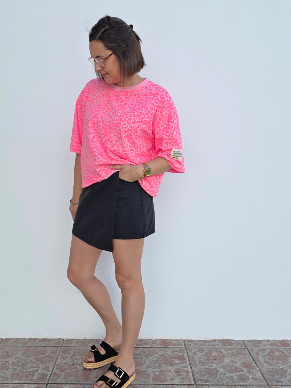 Tee-shirt léopard rose fluo oversize - Taille unique