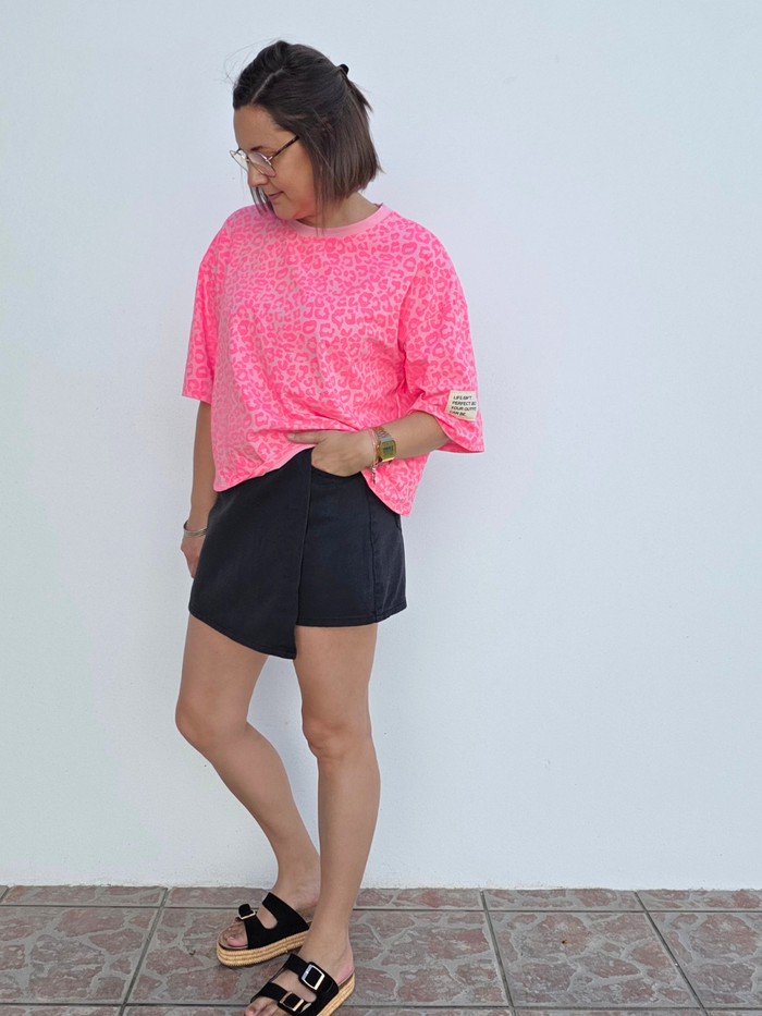 Tee-shirt léopard rose fluo oversize - Taille unique