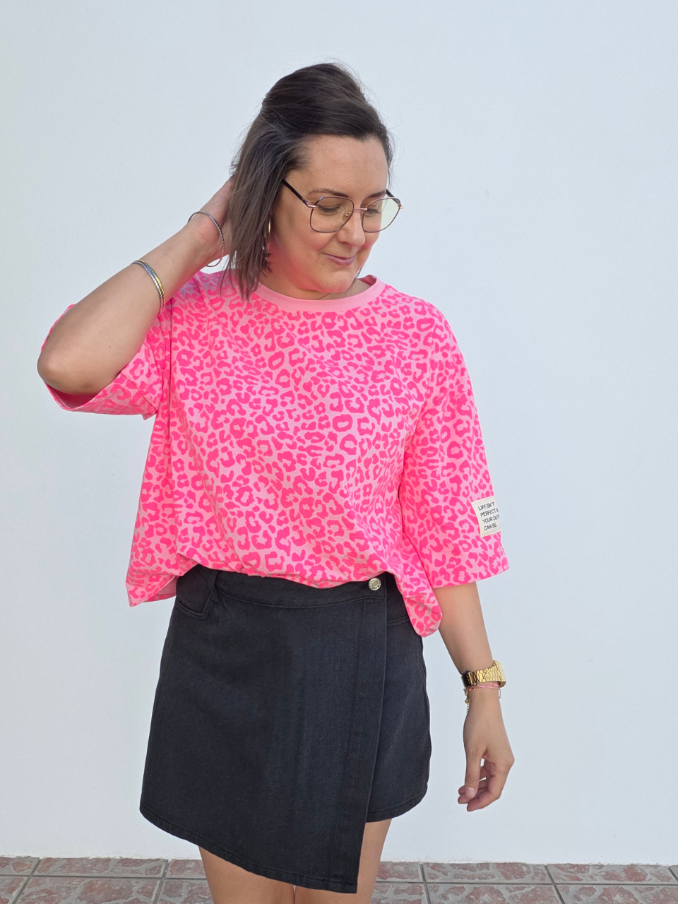 Tee-shirt léopard rose fluo oversize - Taille unique