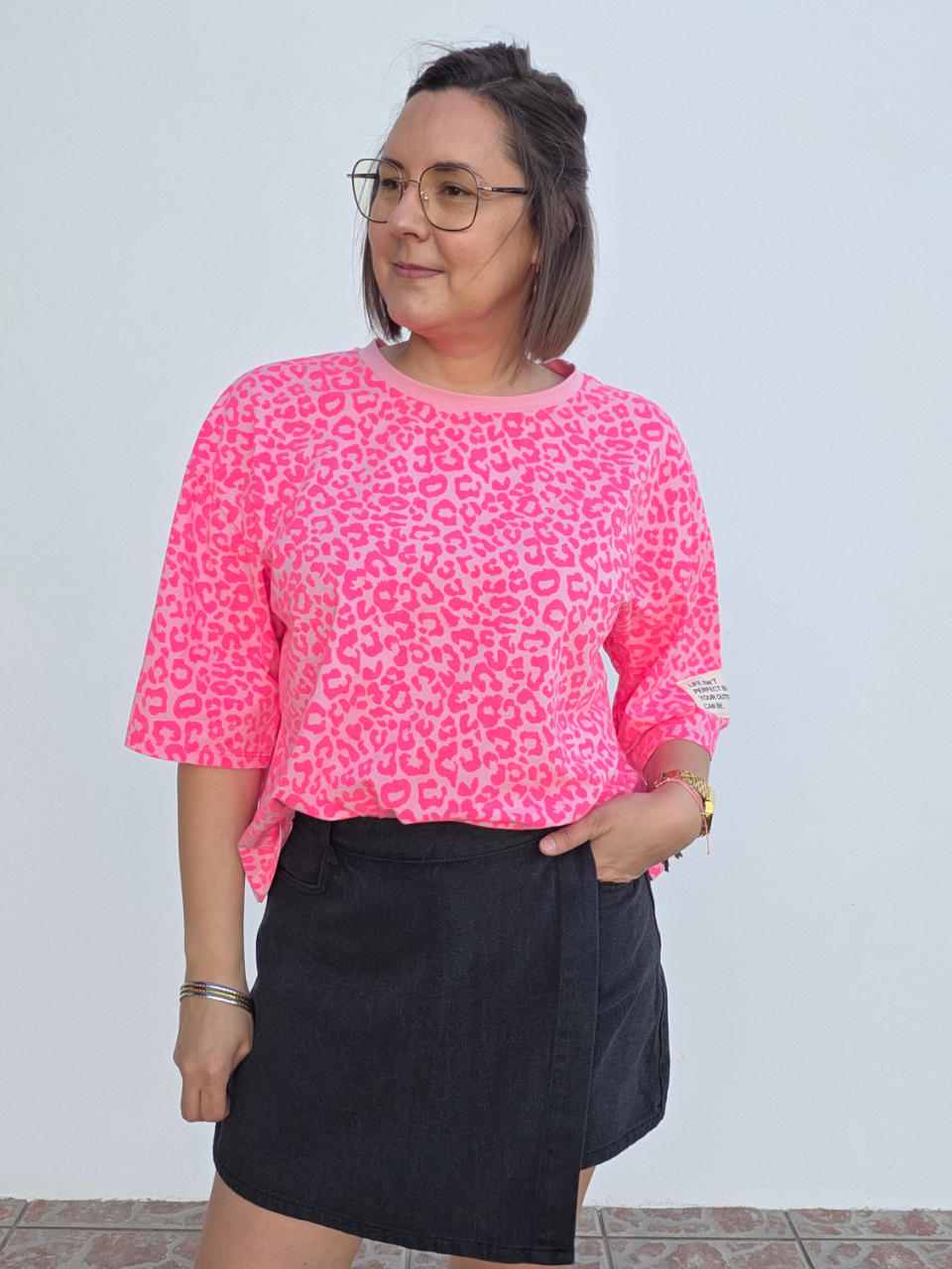 Tee-shirt léopard rose fluo oversize - Taille unique