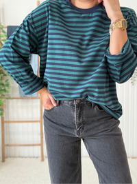 Tee-shirt manches longues rayé marine et vert femme