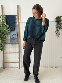 Tee-shirt manches longues rayé marine et vert femme
