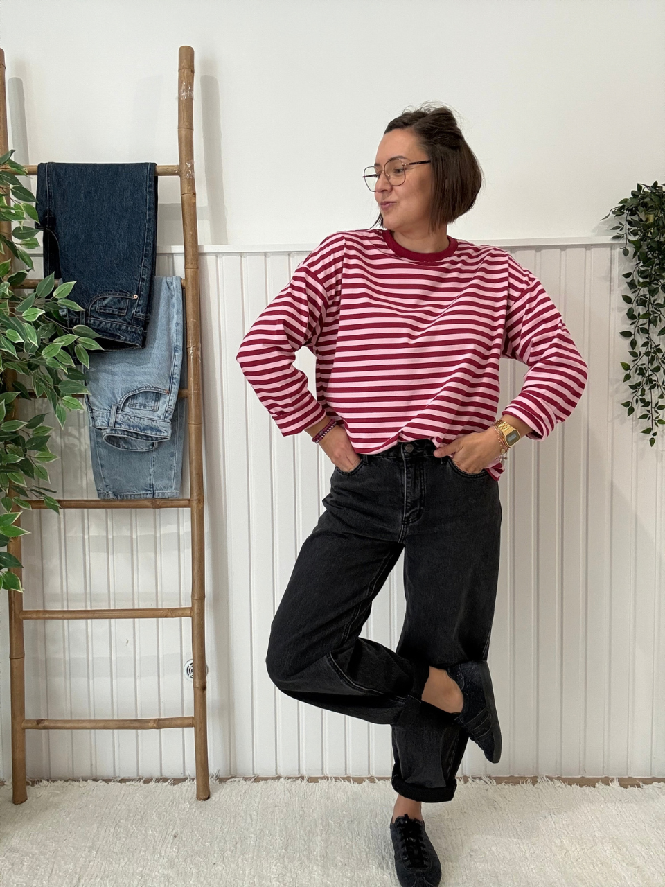 Tee-shirt manches longues rayé bordeaux et rose femme