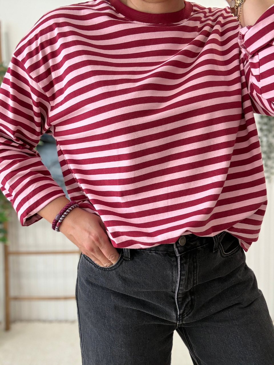 Tee-shirt manches longues rayé bordeaux et rose femme