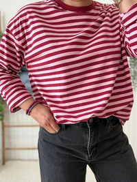Tee-shirt manches longues rayé bordeaux et rose femme