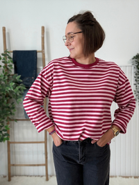 Tee-shirt manches longues rayé bordeaux et rose femme