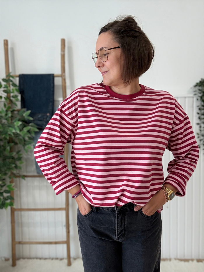 Tee-shirt manches longues rayé bordeaux et rose femme