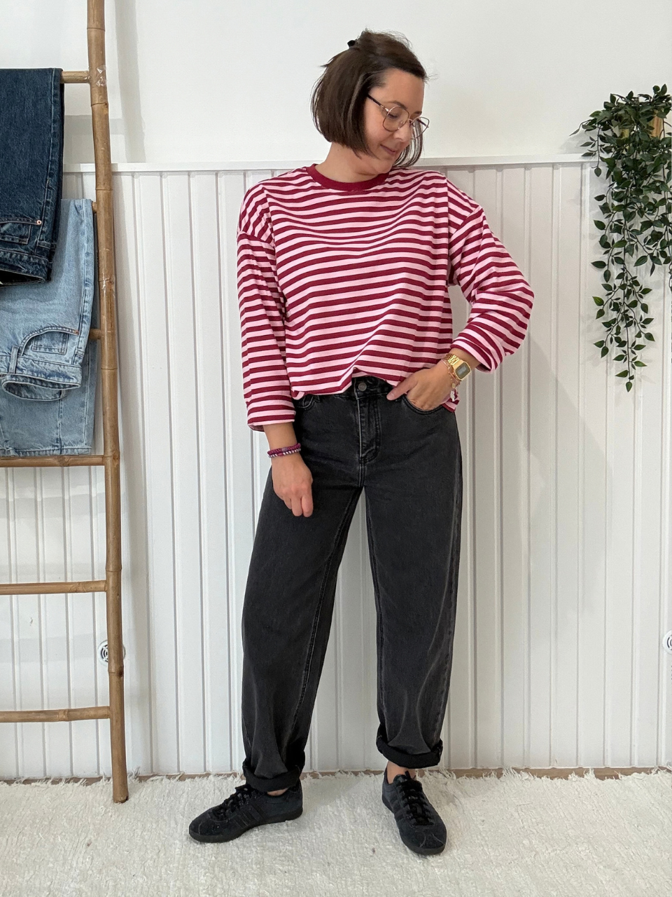 Tee-shirt manches longues rayé bordeaux et rose femme