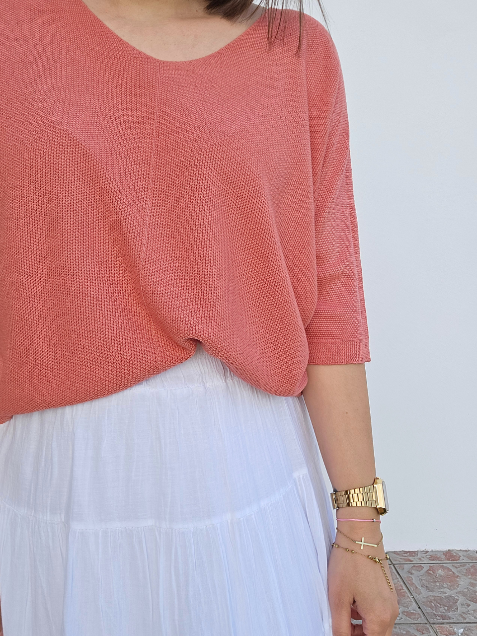 Tee-shirt maille légère col V vieux rose