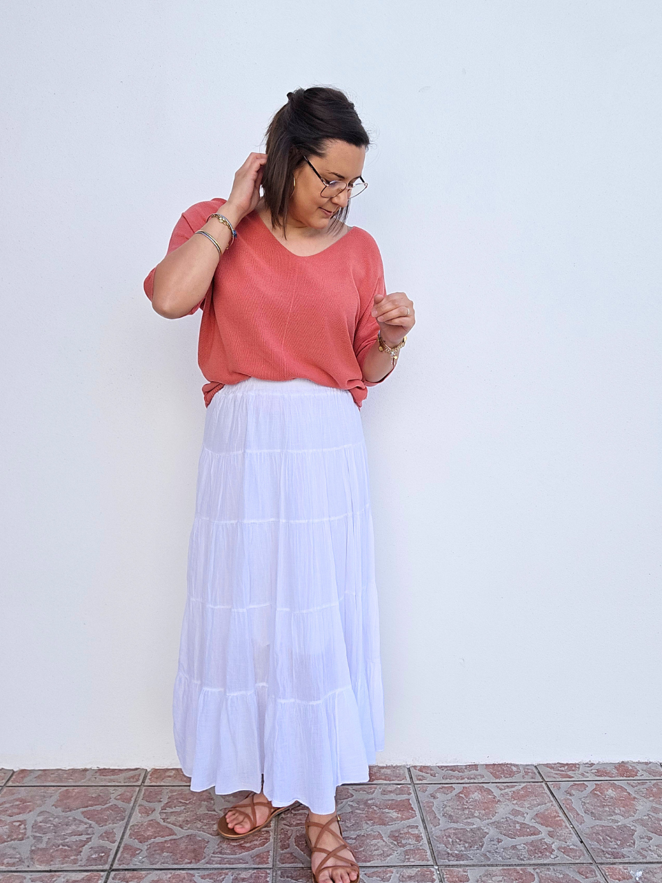Tee-shirt maille légère col V vieux rose