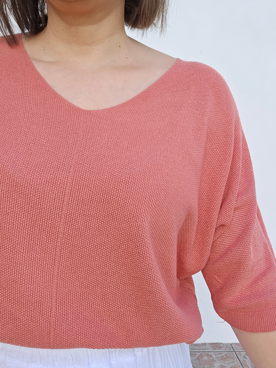 Tee-shirt maille légère col V vieux rose