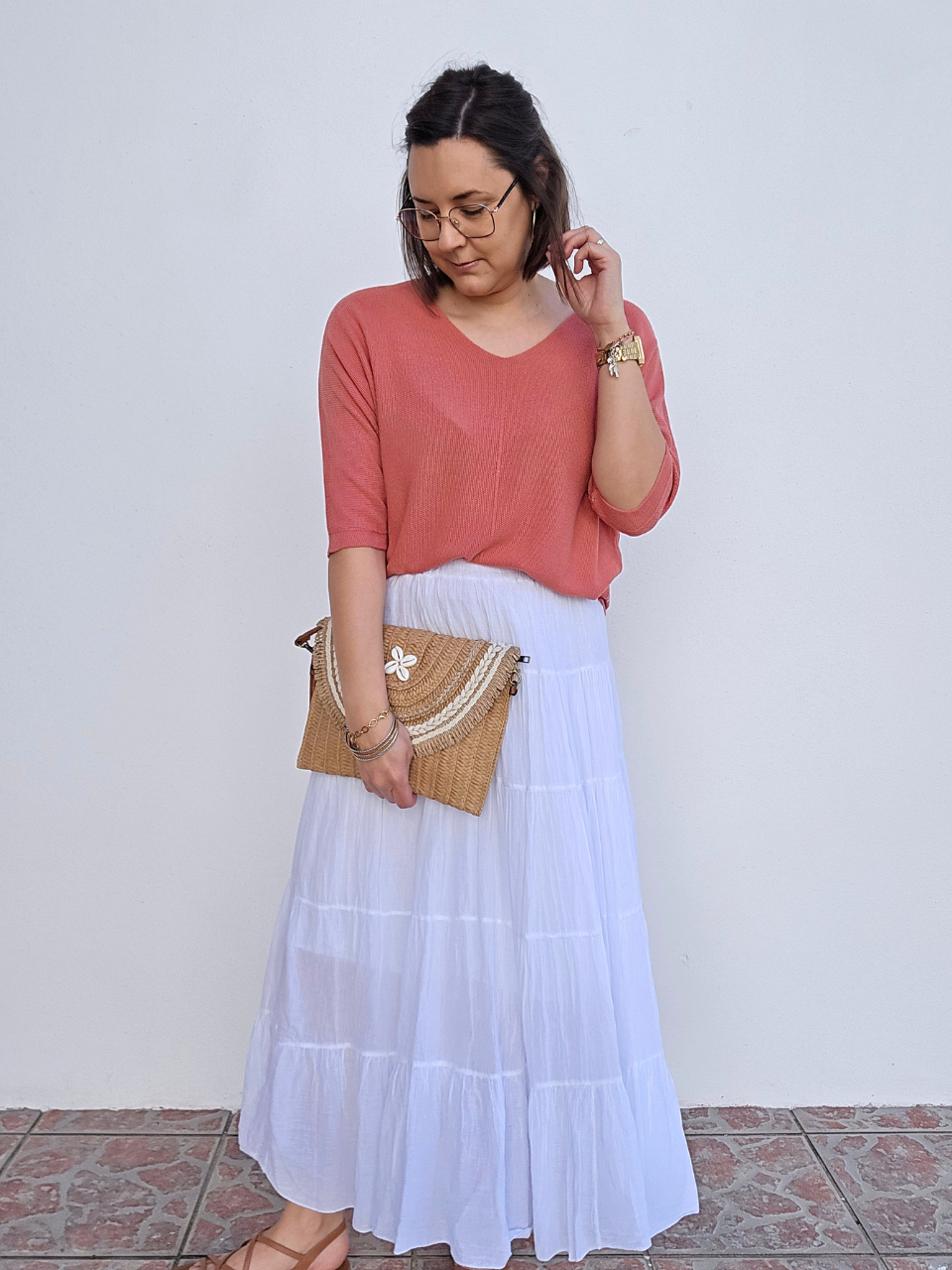 Tee-shirt maille légère col V vieux rose