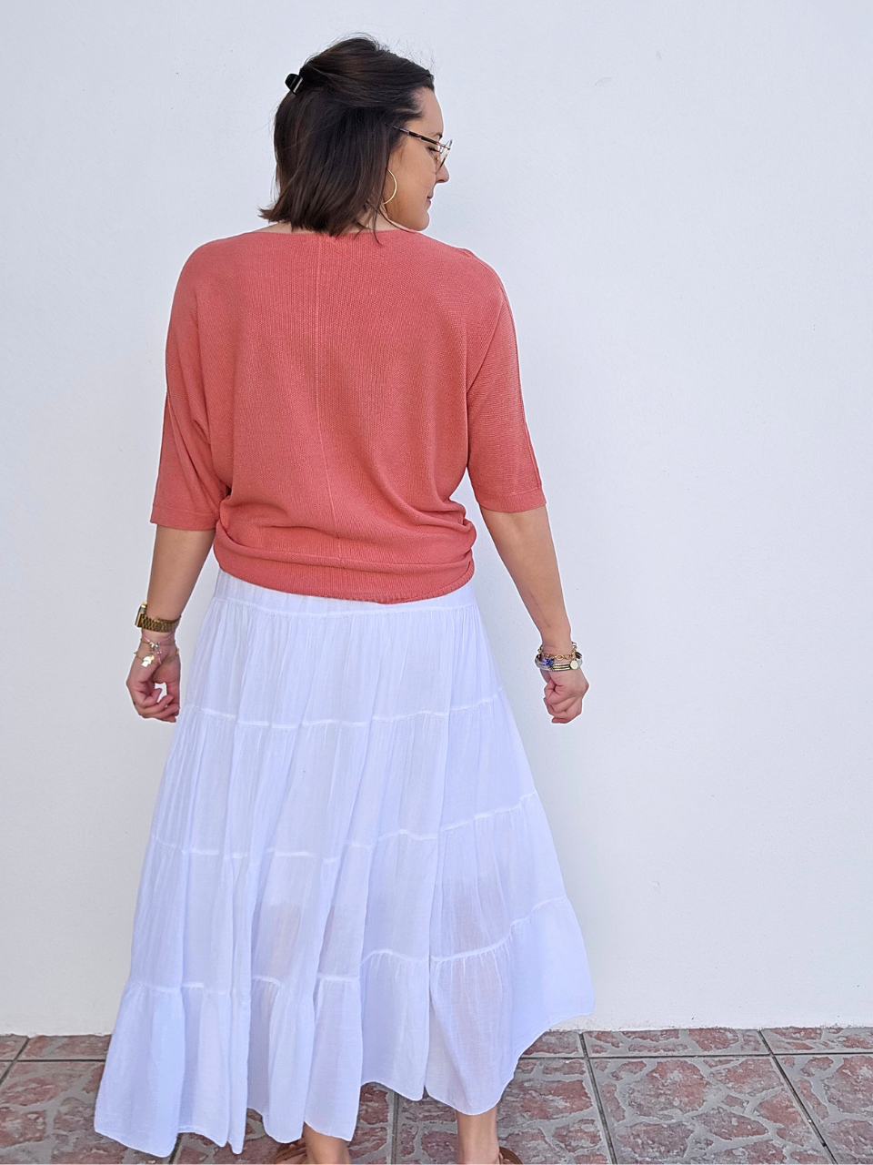 Tee-shirt maille légère col V vieux rose