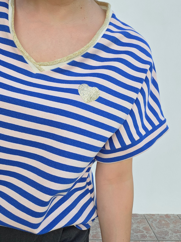 Tee-shirt rayé femme col V doré cœur pailleté – Bleu/Rose ou Beige/Camel