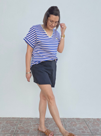 Tee-shirt rayé femme col V doré cœur pailleté – Bleu/Rose ou Beige/Camel