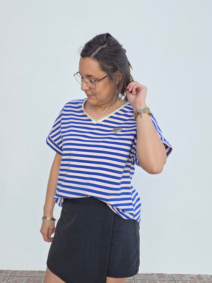 Tee-shirt rayé femme col V doré cœur pailleté – Bleu/Rose ou Beige/Camel