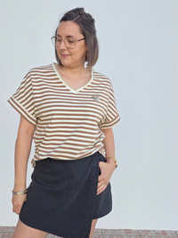 Tee-shirt rayé femme col V doré cœur pailleté – Bleu/Rose ou Beige/Camel