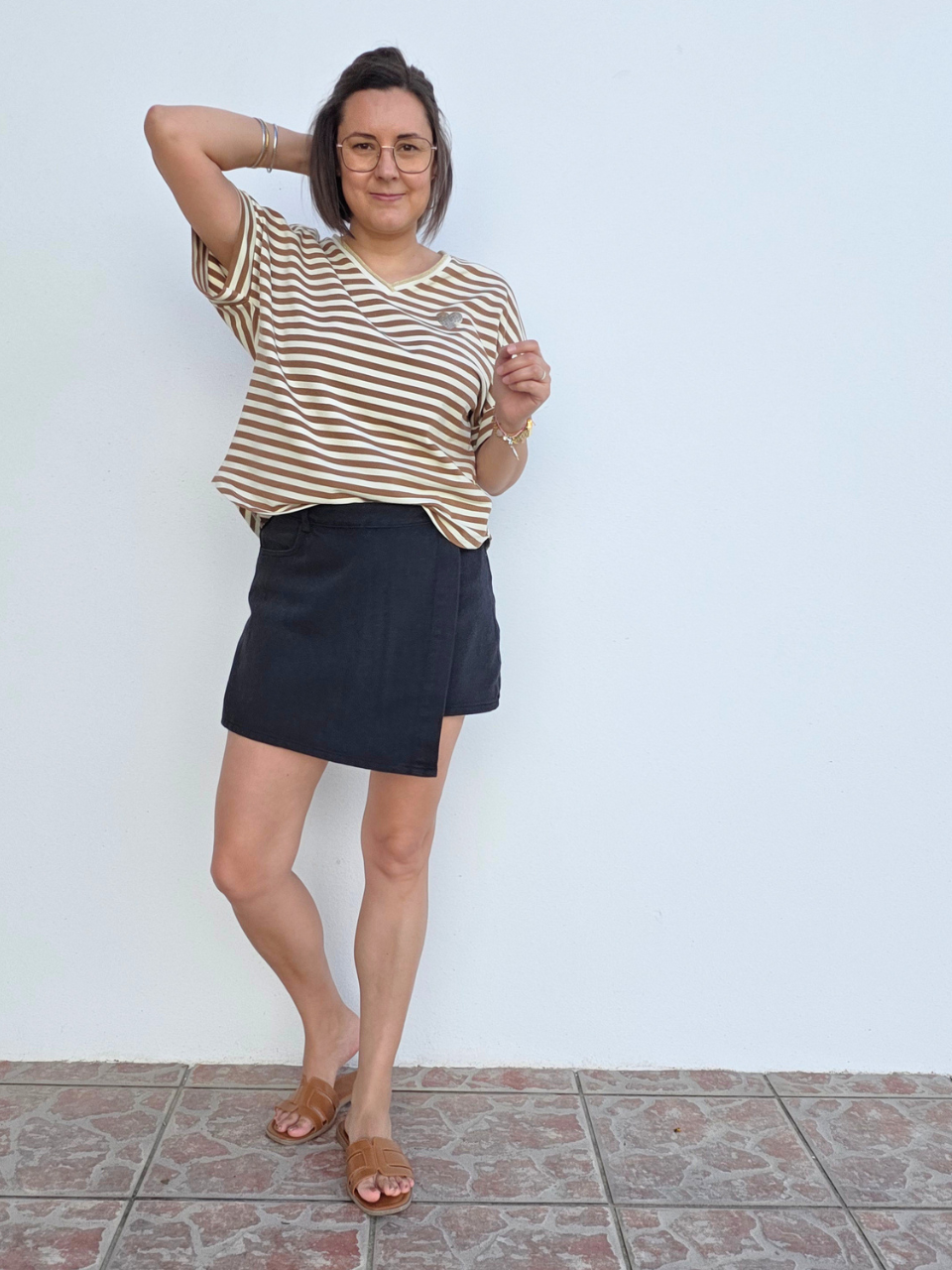 Tee-shirt rayé femme col V doré cœur pailleté – Bleu/Rose ou Beige/Camel