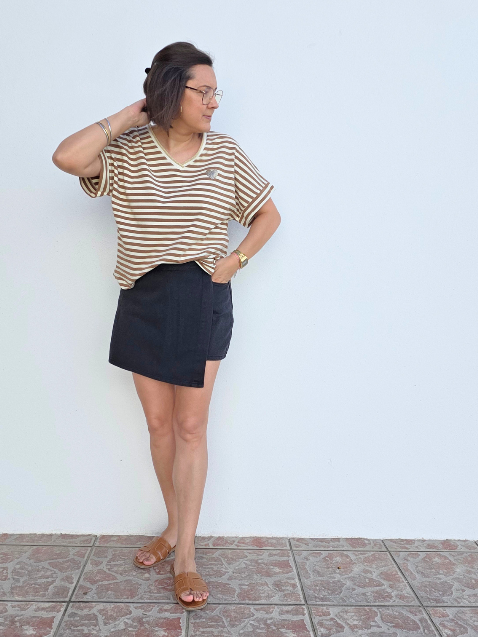 Tee-shirt rayé femme col V doré cœur pailleté – Bleu/Rose ou Beige/Camel