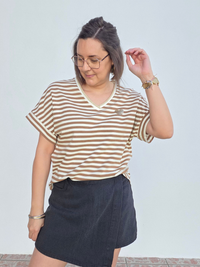 Tee-shirt rayé femme col V doré cœur pailleté – Bleu/Rose ou Beige/Camel